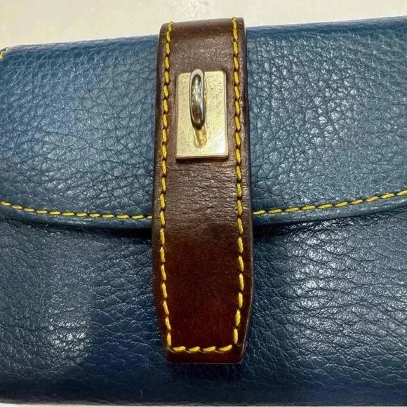 Navy blue pebble leather trifold wallet. Red interior. Perfect condition - Picture 2 of 10